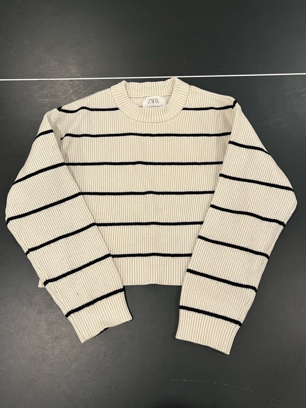 Zara Girls Cream and Black Striped Ribbed Crewneck Sweater